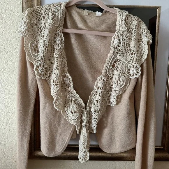 Moth Beige Cardigan with Floral Lace - Picture 1 of 6